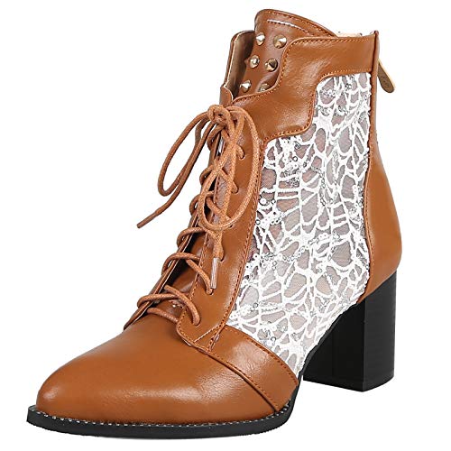 Diuniarza Damen Biker Stiefeletten Pointed Toe Block Stiefel Arbeit Buro Schnüren Lack Stiefel Mode Stiefeletten Braun Gr 45 EU/47 Asiatisch von Diuniarza