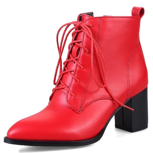 Diuniarza Damen Biker Stiefeletten Pointed Toe Block Stiefel Arbeit Buro Schnüren Lack Stiefel Mode Stiefeletten Rot Gr 40 EU/41 Asiatisch von Diuniarza