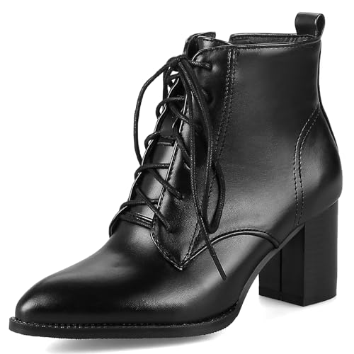 Diuniarza Damen Biker Stiefeletten Pointed Toe Block Stiefel Arbeit Buro Schnüren Lack Stiefel Mode Stiefeletten Schwarz Gr 42 EU/44 Asiatisch von Diuniarza