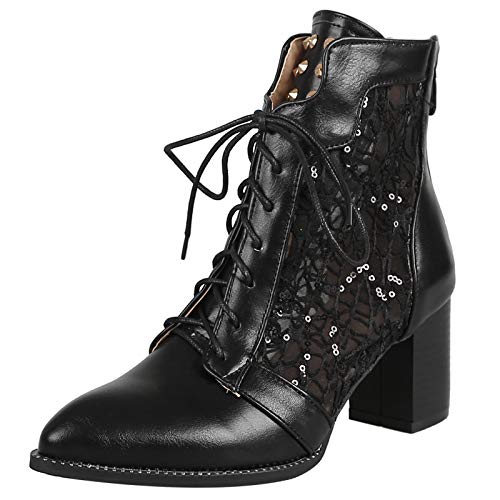 Diuniarza Damen Biker Stiefeletten Pointed Toe Block Stiefel Arbeit Buro Schnüren Lack Stiefel Mode Stiefeletten Schwarz Gr 42 EU/44 Asiatisch von Diuniarza