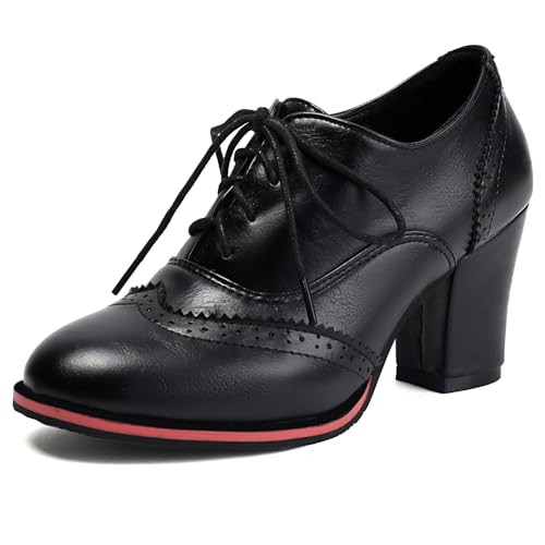 Diuniarza Damen Block High Schuhe Schnüren Oxford Schuhe Höhe Ferse Brogue Pumps Schwarz Gr 38 EU/39 von Diuniarza