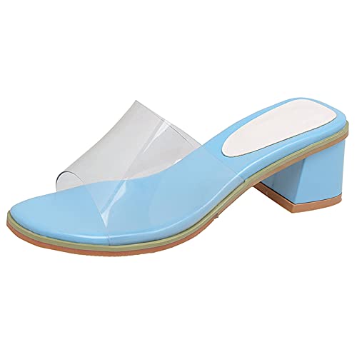 Diuniarza Damen Block Sandalen Pantoletten Für Damen Offene Zeh Pantoffeln Draußen Square Toe Transparent Mode Ohne Verschluss Blau Gr 31 EU von Diuniarza