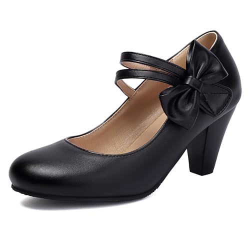 Diuniarza Damen Blockabsatz Schuhe Mary Jane Bogentie Party Party Elegant Prom Schuhe Mitte Absatz Schwarz Gr 38 EU/39 von Diuniarza
