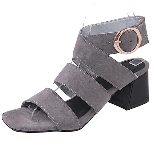 Diuniarza Damen Blockabsatz Square Toe Gladiator Sandals Strappy Offene Zeh Knöchelriemchen Mode Weit Fit Ösen Grau Gr 33 EU von Diuniarza