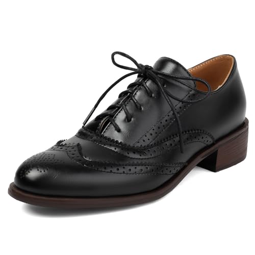 Diuniarza Damen Brogue Oxford Niedrige Absatz Arbeit Derby Schuhe Arbeit Abendschuhe Schnüren Pumps Retro British Style Schwarz Gr 38 EU/39 Asiatisch von Diuniarza