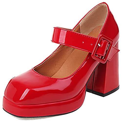 Diuniarza Damen Chunky Schuhe Lack Mary Jane Plateau Pumps Elegant Weit Fit Concise Klassisches Mode Western Style Rot Gr 38 EU/39 Asiatisch von Diuniarza