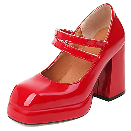 Diuniarza Damen Chunky Schuhe Lack Mary Jane Plateau Pumps Elegant Weit Fit Concise Klassisches Mode Western Style Rot Gr 43 EU/45 Asiatisch von Diuniarza