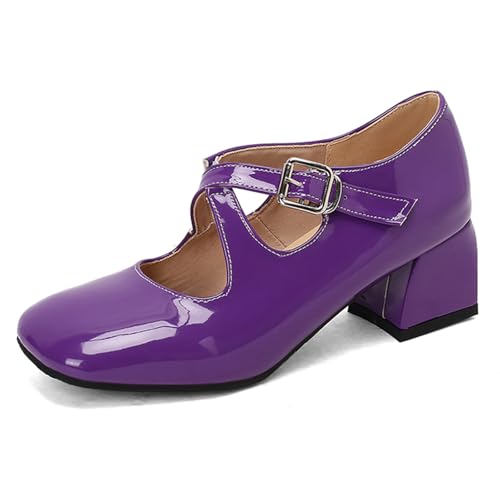 Diuniarza Damen Colorful Blockabsatz Lack Mary Jane Knöchelriemchen Mid Chunky Schuhe Square Toe Party Weding Schuhe Violett Gr 40.5 EU/42 von Diuniarza