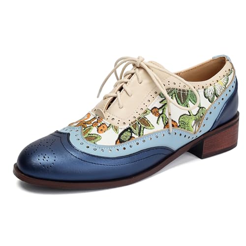 Diuniarza Damen Embroidery Oxford Schnüren Chunky Schuhe Print Mode Brogue Pumps Blau Gr 38 EU/39 von Diuniarza