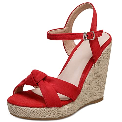 Diuniarza Damen Espadrille mit Absatz, Sandalen Offene Zeh Leisure Keilabsatz Party Schuhe mit Plateau Schnalle Knöchelriemchen, 14254Nqe Rot Gr 46 EU von Diuniarza