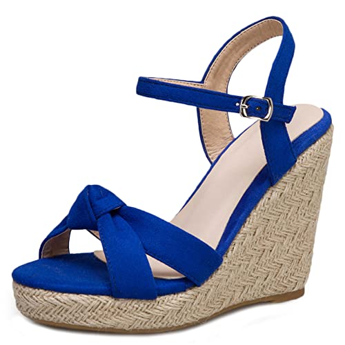 Diuniarza Damen Espadrille mit Absatz, Sandalen Offene Zeh Leisure Keilabsatz Party Schuhe mit Plateau Schnalle Knöchelriemchen, 14268Ydn Blau Gr 34 EU von Diuniarza