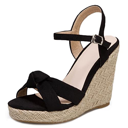 Diuniarza Damen Espadrille mit Absatz, Sandalen Offene Zeh Leisure Keilabsatz Party Schuhe mit Plateau Schnalle Knöchelriemchen, 14291Laq Schwarz Gr 44 EU von Diuniarza