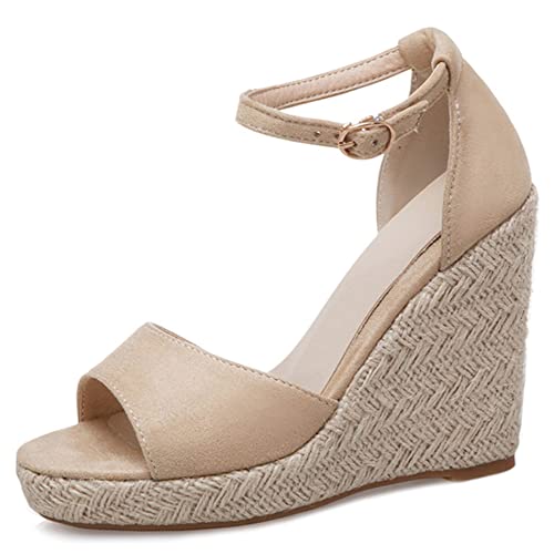 Diuniarza Damen Espadrille mit Absatz, Sandalen Offene Zeh Leisure Keilabsatz Party Schuhe mit Plateau Schnalle Knöchelriemchen, 14344Fwg Beige Gr 41 EU von Diuniarza