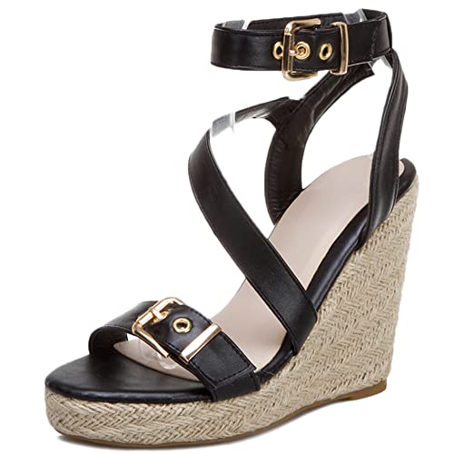 Diuniarza Damen Espadrille mit Absatz, Sandalen Offene Zeh Leisure Keilabsatz Party Schuhe mit Plateau Schnalle Knöchelriemchen, 14596Hox Schwarz Gr 45 EU von Diuniarza