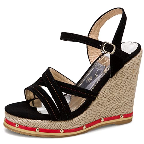 Diuniarza Damen Espadrille mit Absatz, Sandalen Offene Zeh Leisure Keilabsatz Party Schuhe mit Plateau Schnalle Knöchelriemchen, 14653Jxw Schwarz Gr 34 EU von Diuniarza