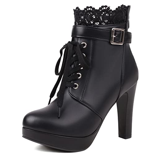 Diuniarza Damen Flatform Ankle Stiefeletten Damen Motorradstiefel Elegant Schnüren Runde Zehen Mittelhohe Stiefel Schwarz Gr 38 EU/39 von Diuniarza