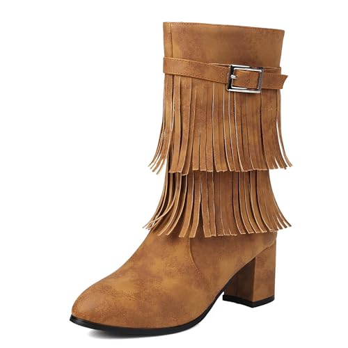 Diuniarza Damen Fransen Stiefel Halbschaft Stiefeletten Blockabsatz Runde Zehen Quasten Stiefeletten Wildleder Braun Gr 38 EU/39 von Diuniarza