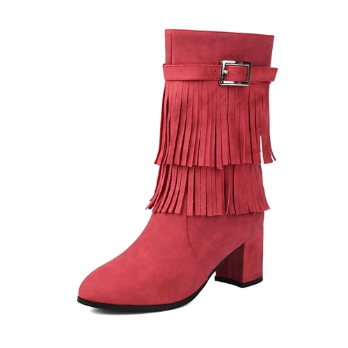 Diuniarza Damen Fransen Stiefel Halbschaft Stiefeletten Blockabsatz Runde Zehen Quasten Stiefeletten Wildleder Rot Gr 39 EU/40 von Diuniarza