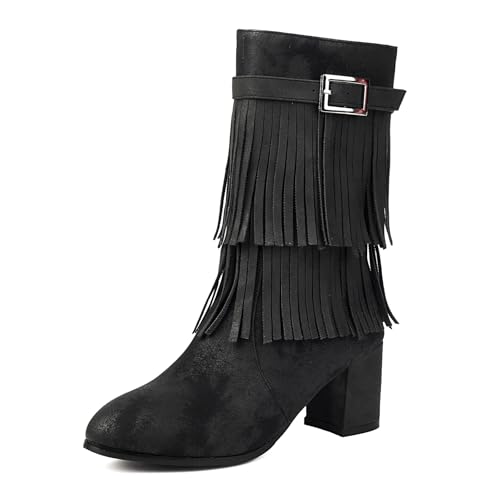 Diuniarza Damen Fransen Stiefel Halbschaft Stiefeletten Blockabsatz Runde Zehen Quasten Stiefeletten Wildleder Schwarz Gr 38 EU/39 von Diuniarza