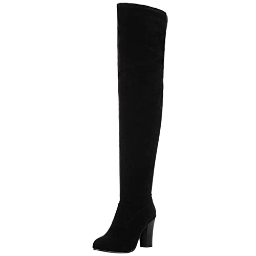 Diuniarza Damen Höhe Ferse Overknee Stiefel, Partystiefel Blockabsatz Zip Runde Zehen Boots Simple, 19954Yzk Schwarz Gr 38 EU von Diuniarza
