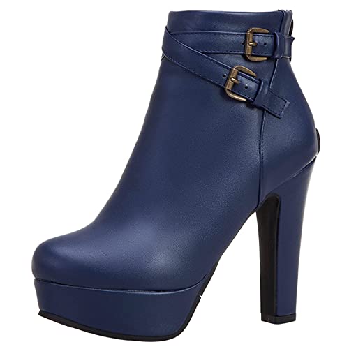 Diuniarza Damen Höhe Ferse Stiefeletten, Kleid Stiefeletten Blockabsatz Zip Runde Zehen Stiefeletten Elegant mit Plateau, 8919Als Blau Gr 38 EU von Diuniarza