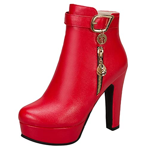 Diuniarza Damen Höhe Ferse Stiefeletten, Kleid Stiefeletten Blockabsatz Zip Runde Zehen Stiefeletten Elegant mit Plateau, 9102Rcs Rot Gr 34 EU von Diuniarza