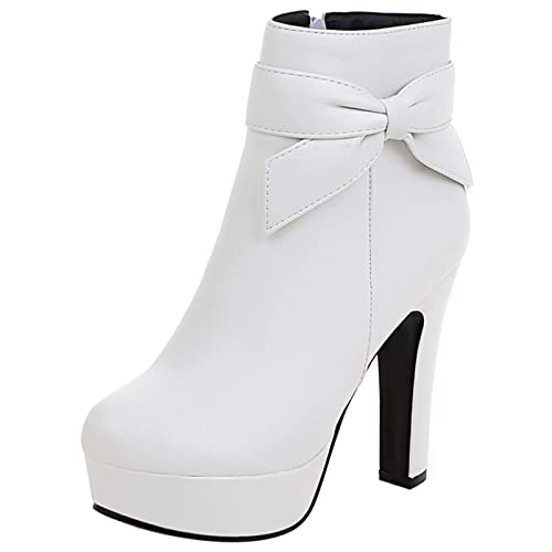 Diuniarza Damen Höhe Ferse Stiefeletten, Kleid Stiefeletten Blockabsatz Zip Runde Zehen Stiefeletten Elegant mit Plateau Bogen, 5623Bap Weiß Gr 44 EU von Diuniarza