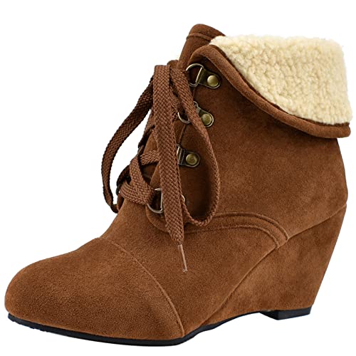 Diuniarza Damen Höhe Ferse Stiefeletten, Winterstiefel Keilabsatz Schnüren Runde Zehen Stiefeletten Leisure, 14062Xfm Gelb Gr 46 EU von Diuniarza