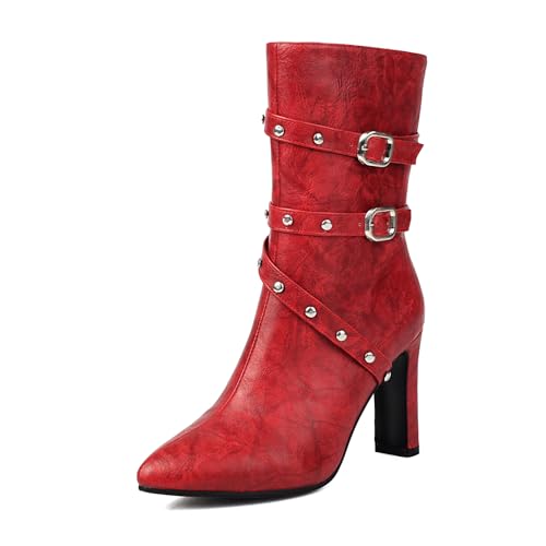 Diuniarza Damen Höhe Ferse Stiefeletten Pointed Toe Formal Boot Elegant Prom Mid Stiefeletten Rot Gr 36.5 EU/37 von Diuniarza