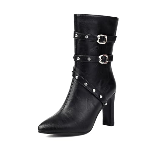 Diuniarza Damen Höhe Ferse Stiefeletten Pointed Toe Formal Boot Elegant Prom Mid Stiefeletten Schwarz Gr 36 EU von Diuniarza