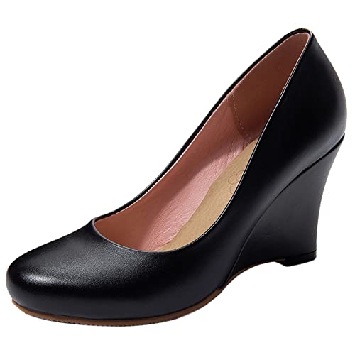Diuniarza Damen Keilabsatz-Pump Runde Zehen Elegante Pump Ohne Verschluss Kleiderschuhe mit Hohem Absatz, 596Nnf Schwarz Gr 34 EU von Diuniarza