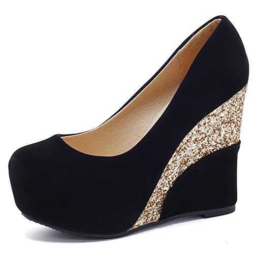 Diuniarza Damen Keilabsatz-Pump Runde Zehen Modische Pump Ohne Verschluss Party-Schuhe mit Hohem Absatz mit Plateau Pailletten, 17804Ctc Schwarz Gr 38 EU Diuniarza Damen Keilabsatz-Pump Runde Zehen Modische Pump Ohne Verschluss Party-Schuhe mit Hohem Absatz mit Plateau Pailletten, 17804Ctc Schwarz Gr 38 EU von Diuniarza