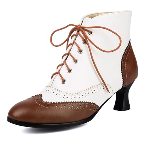 Diuniarza Damen Kitten Heel Stiefeletten Mode Schnürstiefel Runde Zehen Mitte Absatz Bürostiefel Retro Brogue Braun Gr 39 EU/40 von Diuniarza