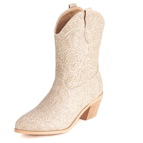 Diuniarza Damen Klassische Westernstiefel Ankle Stiefeletten Print Ohne Verschluss Kurzschaft Stiefel Draußen Winter Blockabsatz Retro Chukka Stiefel Aprikose Gr 47 EU/49 von Diuniarza