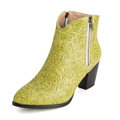 Diuniarza Damen Klassische Westernstiefel Ankle Stiefeletten Print Ohne Verschluss Kurzschaft Stiefel Draußen Winter Blockabsatz Retro Chukka Stiefel Gelb Gr 42 EU/44 von Diuniarza