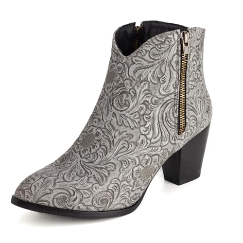 Diuniarza Damen Klassische Westernstiefel Ankle Stiefeletten Print Ohne Verschluss Kurzschaft Stiefel Draußen Winter Blockabsatz Retro Chukka Stiefel Grau Gr 42 EU/44 von Diuniarza