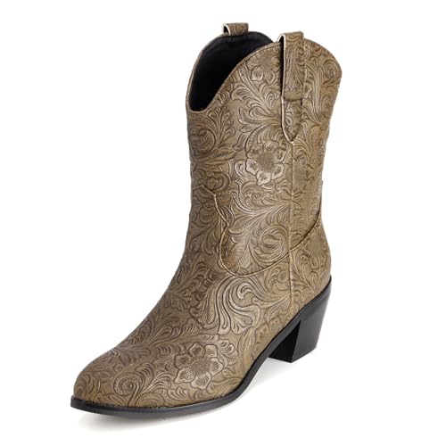 Diuniarza Damen Klassische Westernstiefel Ankle Stiefeletten Print Ohne Verschluss Kurzschaft Stiefel Draußen Winter Blockabsatz Retro Chukka Stiefel Khaki Gr 49 EU/51 von Diuniarza