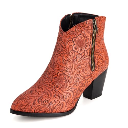 Diuniarza Damen Klassische Westernstiefel Ankle Stiefeletten Print Ohne Verschluss Kurzschaft Stiefel Draußen Winter Blockabsatz Retro Chukka Stiefel Orange Gr 41 EU/43 von Diuniarza