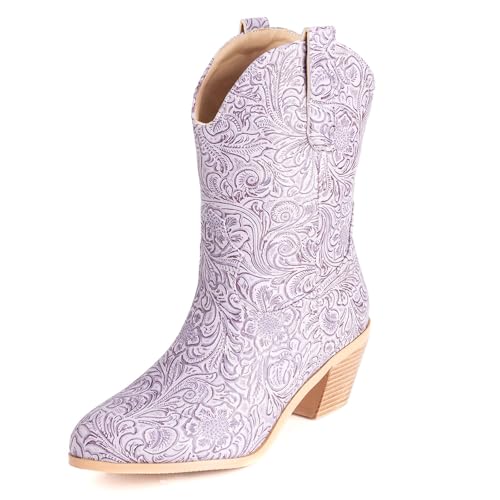 Diuniarza Damen Klassische Westernstiefel Ankle Stiefeletten Print Ohne Verschluss Kurzschaft Stiefel Draußen Winter Blockabsatz Retro Chukka Stiefel Violett Gr 50 EU/52 von Diuniarza