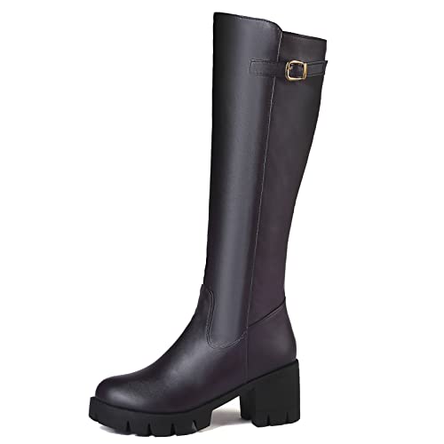 Diuniarza Damen Kniehohe Stiefel mit Mittlerem Absatz, Kleid Stiefeletten Blockabsatz Zip Runde Zehen Boots Elegant mit Plateau, 19868Ebr Braun/Rl Gr 40 EU von Diuniarza