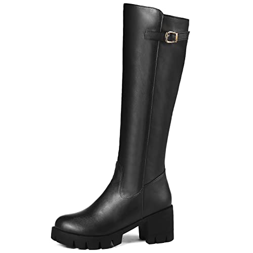 Diuniarza Damen Kniehohe Stiefel mit Mittlerem Absatz, Kleid Stiefeletten Blockabsatz Zip Runde Zehen Boots Elegant mit Plateau, 19891Kyv Schwarz/Rl Gr 37 EU von Diuniarza