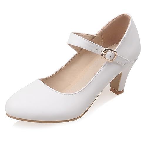 Diuniarza Damen Low Blockabsatz Mary Jane Prom Schuhe Knöchelriemchen Kitten Schuhe Geschlossen Bridal Mode Abendschuhe Weiß Gr 39 EU/40 Asiatisch von Diuniarza