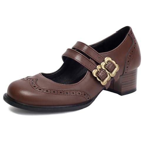 Diuniarza Damen Low Mitte Absatz Mary Jane Retro Buro Schnalle Party Chunky Schuhe Brogue Braun Gr 38 EU/39 von Diuniarza