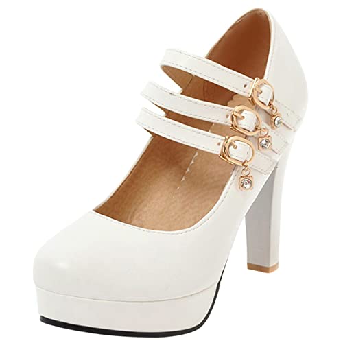 Diuniarza Damen Mary-Jane-Schuhe mit Blockabsatz Runde Zehen Modische Pump Schnalle Kleiderschuhe mit Hohem Absatz mit Plateau, 17057Cls Weiß Gr 37 EU von Diuniarza