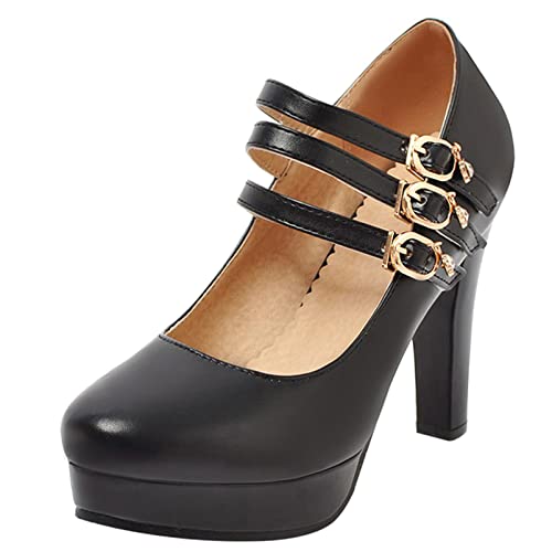 Diuniarza Damen Mary-Jane-Schuhe mit Blockabsatz Runde Zehen Modische Pump Schnalle Kleiderschuhe mit Hohem Absatz mit Plateau, 17100Hpg Schwarz Gr 48 EU von Diuniarza