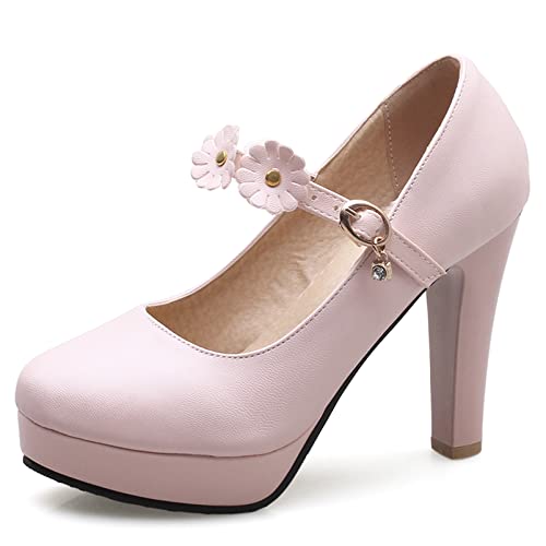 Diuniarza Damen Mary-Jane-Schuhe mit Blockabsatz Runde Zehen Modische Pump Schnalle Kleiderschuhe mit Hohem Absatz mit Plateau Blumes, 17147Pyi Pink Gr 47 EU von Diuniarza