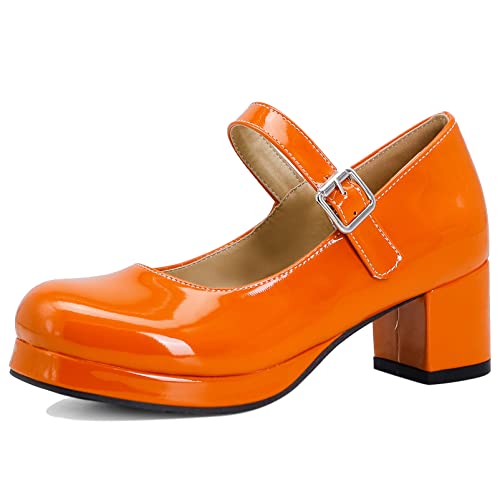 Diuniarza Damen Mary-Jane-Schuhe mit Blockabsatz Runde Zehen Modische Pump Schnalle Kleiderschuhe mit Mittlerem Absatz mit Plateau, 2886Qng Orange Gr 42 EU von Diuniarza