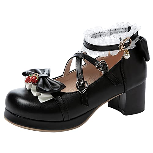 Diuniarza Damen Mary-Jane-Schuhe mit Blockabsatz Runde Zehen Süße Pump Schnalle Party-Schuhe mit Mittlerem Absatz mit Plateau Knöchelriemchen Ruffles Lolita Schuhe, 9675Sly Schwarz Gr 33 EU von Diuniarza