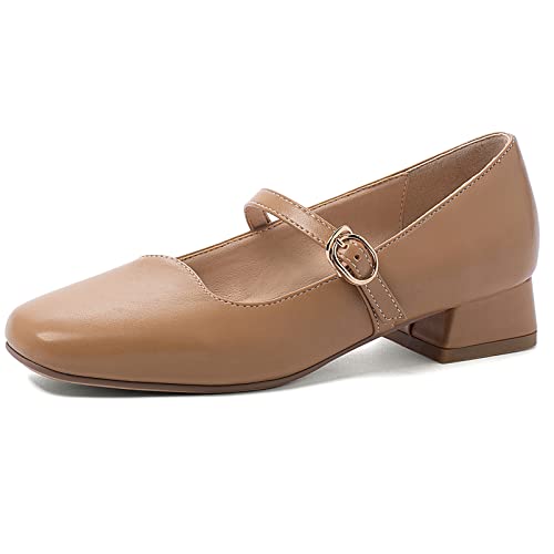 Diuniarza Damen Mary-Jane-Schuhe mit Blockabsatz Square Toe Lässige Pump Schnalle Halbhohe Alltagsschuhe Solid Schuhe, 19165Bfa Braun Gr 38 EU von Diuniarza