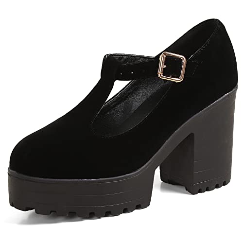 Diuniarza Damen Mary-Jane-Schuhe mit Klobigem Absatz Runde Zehen Modische Pump Schnalle Kleiderschuhe mit Hohem Absatz mit Plateau T-Spange, 13345Crl Schwarz Gr 34 EU von Diuniarza